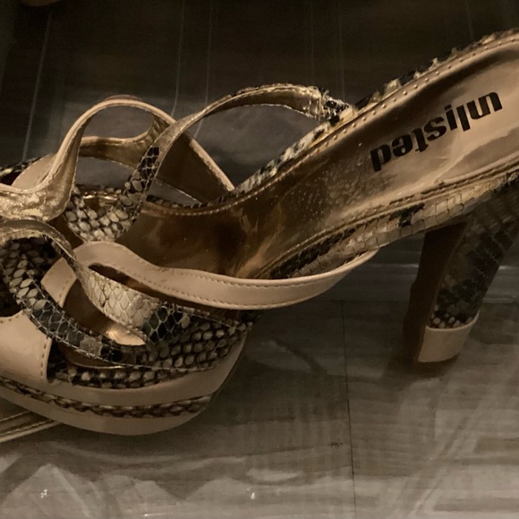 Unlisted Shoes - Unlisted Women's Strappy Snakeskin Heels - Gold and Tan
